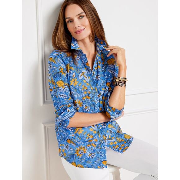 Talbots Tops - Talbots Button Up Shirt Size 2X Collared Blue Yellow Watercolor Botanical Cotton